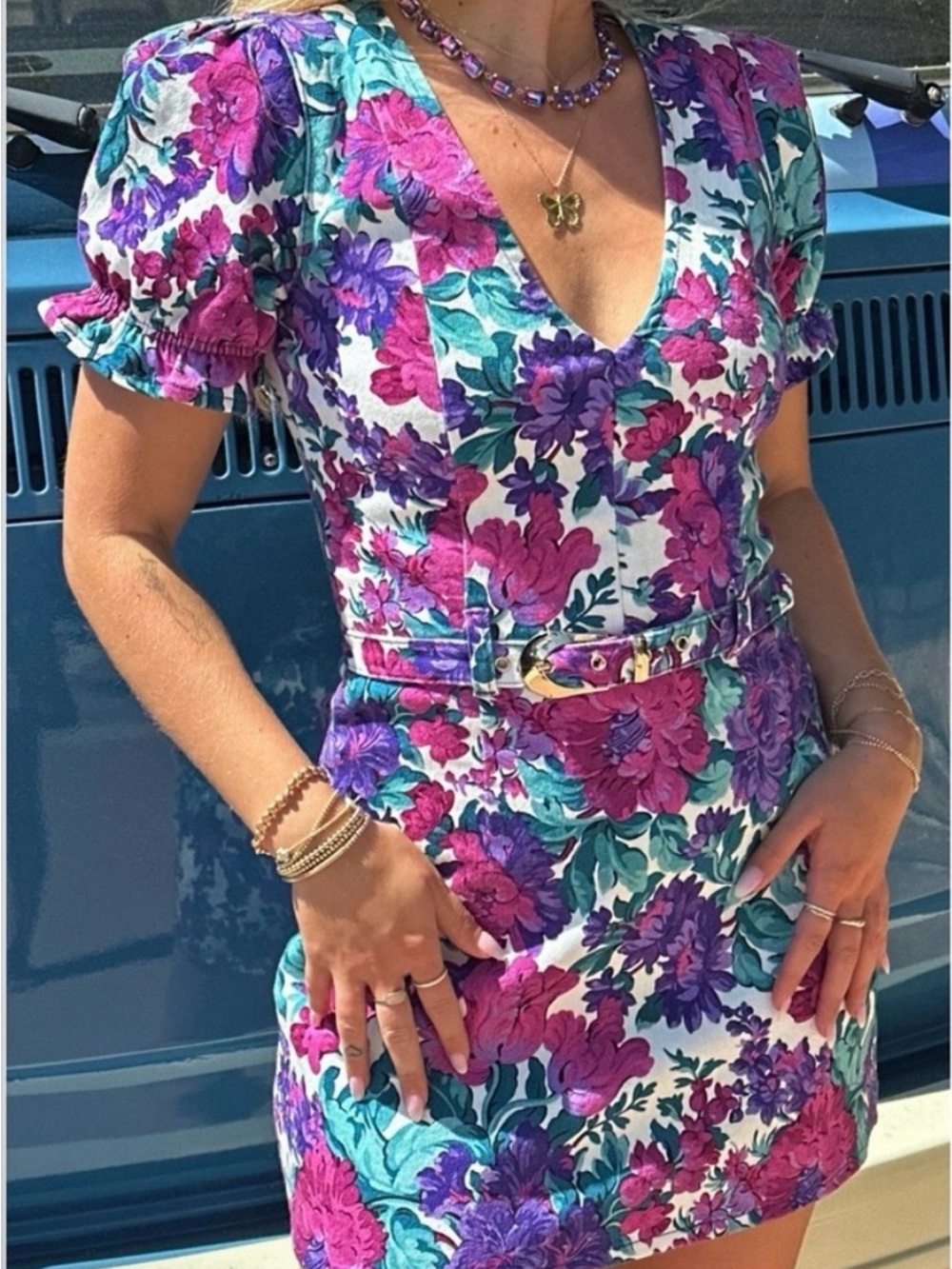 Show Me Your MuMu Zia Denim Floral V-Neck Mini Dress